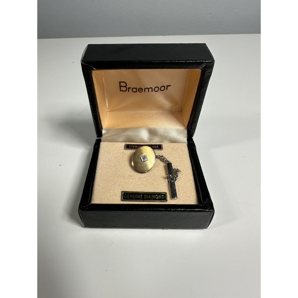 Vintage Braemoor Genuine‎ Diamond Silver Tie Tack w Chain
